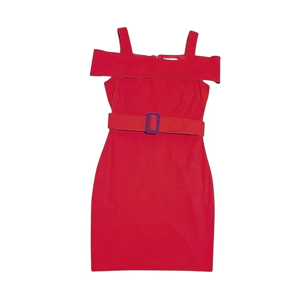 Badgley Mischka Belle Red Cold Shoulder Belted Sheath Dress Purple Buckle Detail